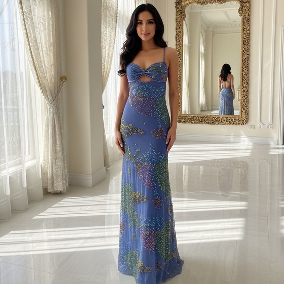 Attitudes by Debra Dresses & Skirts - Elegant Blue Floral hand beaded Maxi Dress